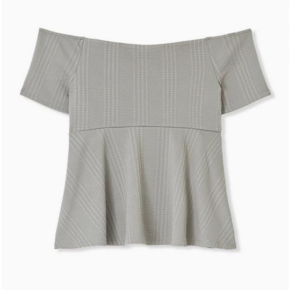Torrid grey textured ponte houndstooth off-shoulder peplum top - Picture 1 of 8